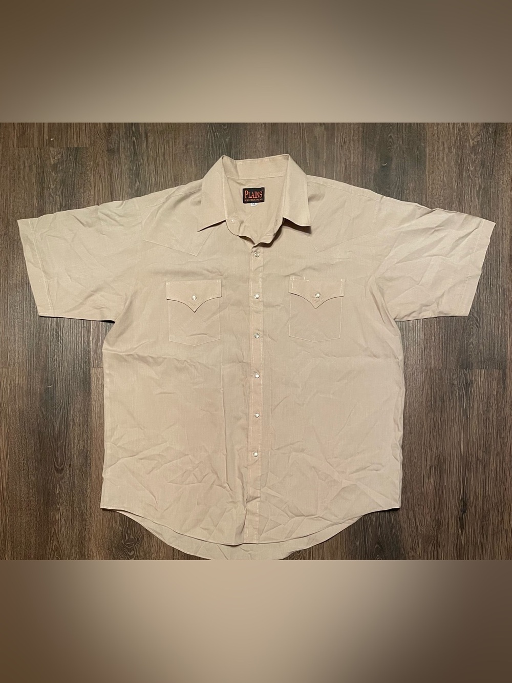 Vtg Plains Western Wear Pearl Snap Mens X-Large Short Sleeve Tan Ranch Rodeo 80s